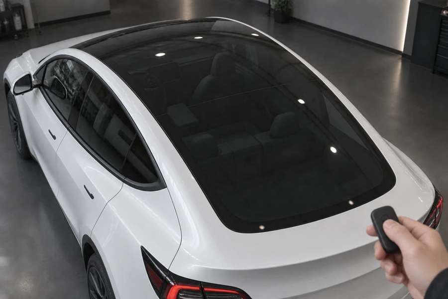 Model Yのパノラマルーフを車外上方から見たTESLA スマートフィルムの作動イメージ